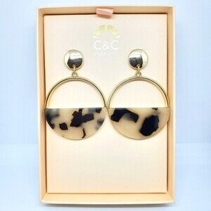 C&C California Faux Tortoise Gold Hoop Dangle Earrings NWT